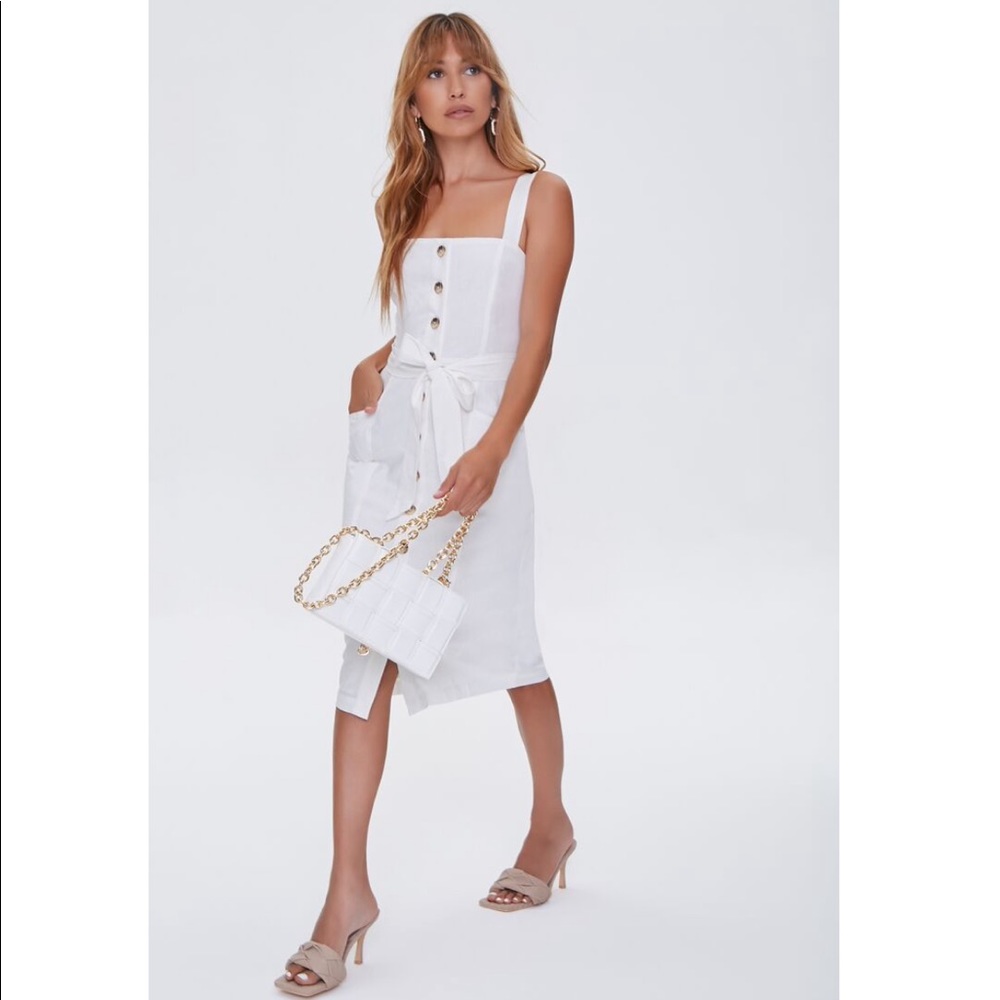 White Linen Blend Button Front tie Dress